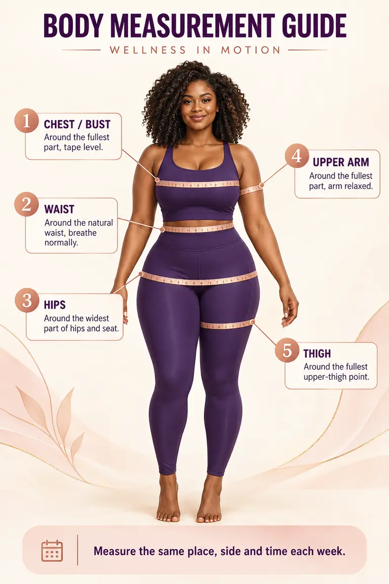 Body measurement guide showing tape positions for chest or bust, waist, hips, upper arm and thigh